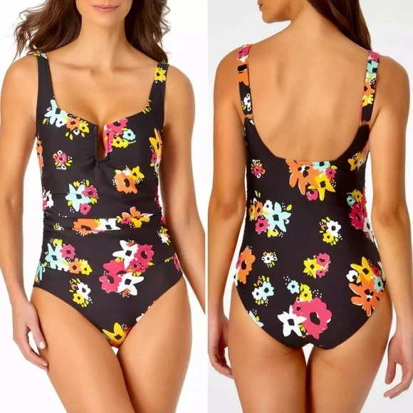 Anne Cole Island Bloom Sweetheart U Trim One Piece Swimsuit Sz 12💛 - Picture 2 of 12